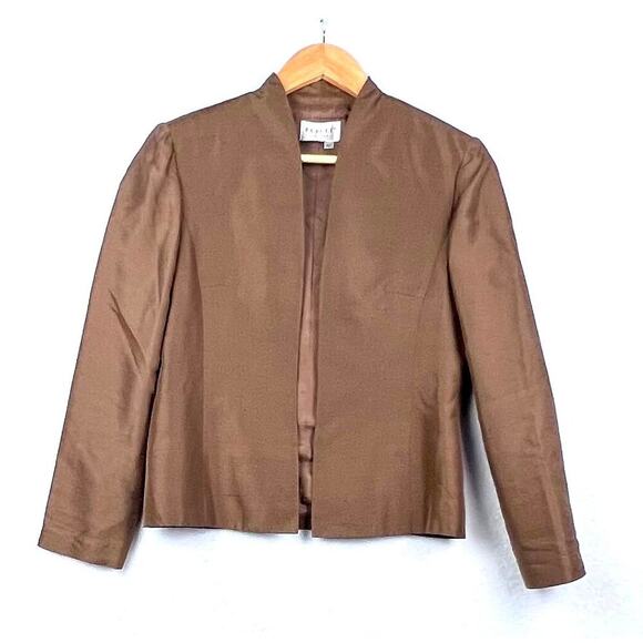VTG Adrianna Papell 4 Petite BROWN 100% Silk OPEN Career Jacket Blazer - Picture 1 of 9